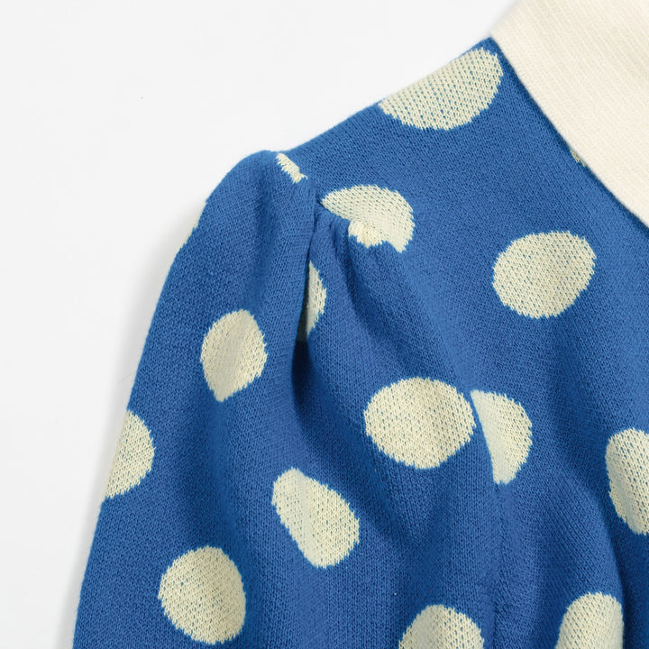 Women's vintage blue polka dot knitted bubble sleeve polo