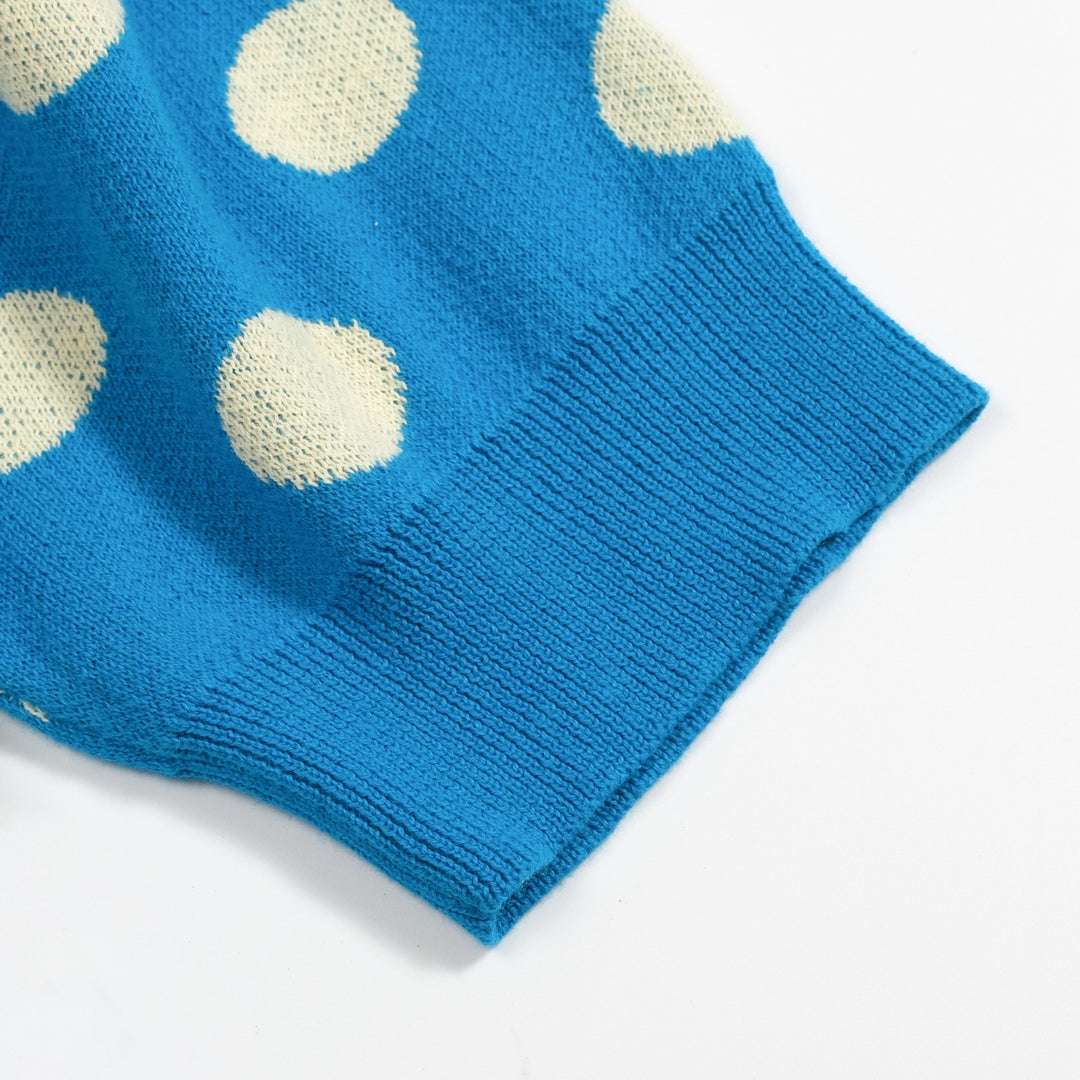 Women's vintage blue polka dot knitted bubble sleeve polo