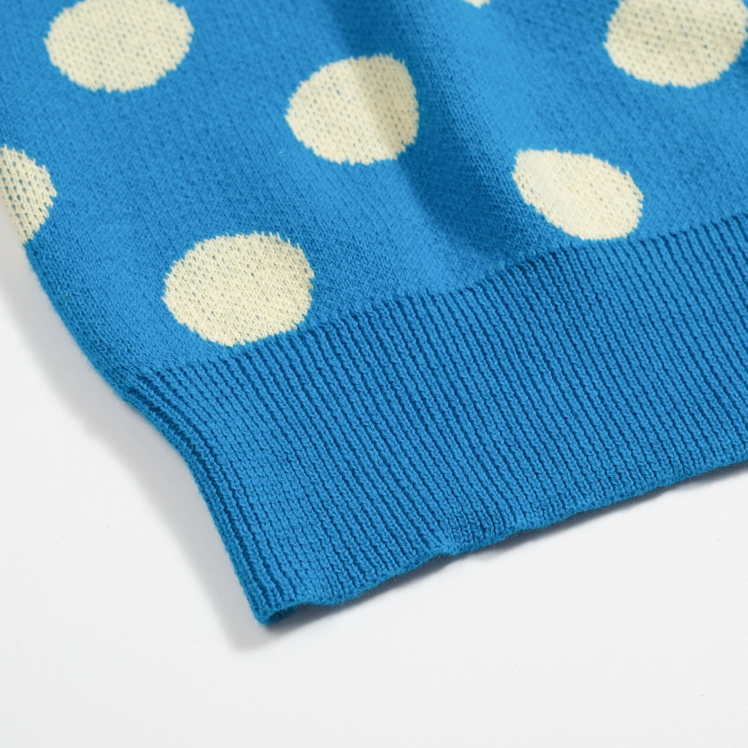 Women's vintage blue polka dot knitted bubble sleeve polo