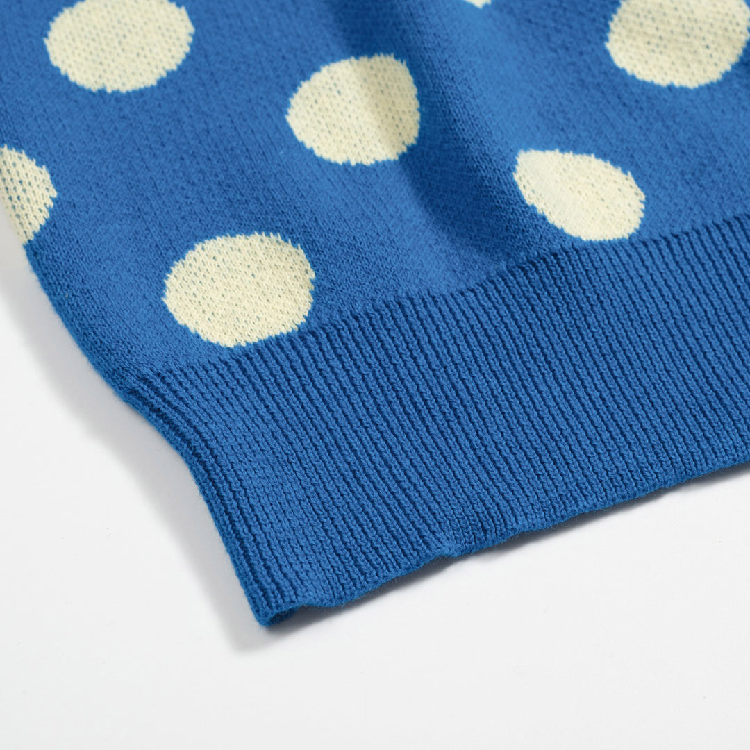Women's vintage blue polka dot knitted bubble sleeve polo
