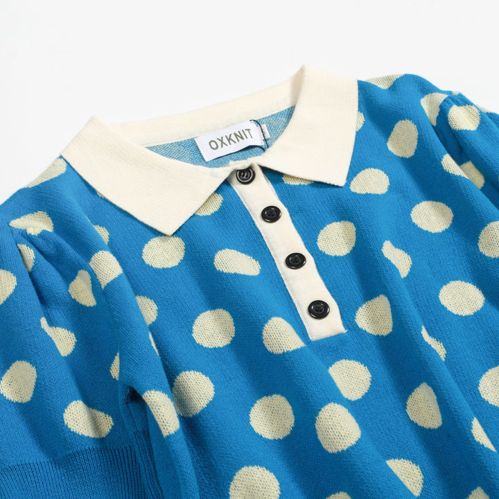Women's vintage blue polka dot knitted bubble sleeve polo