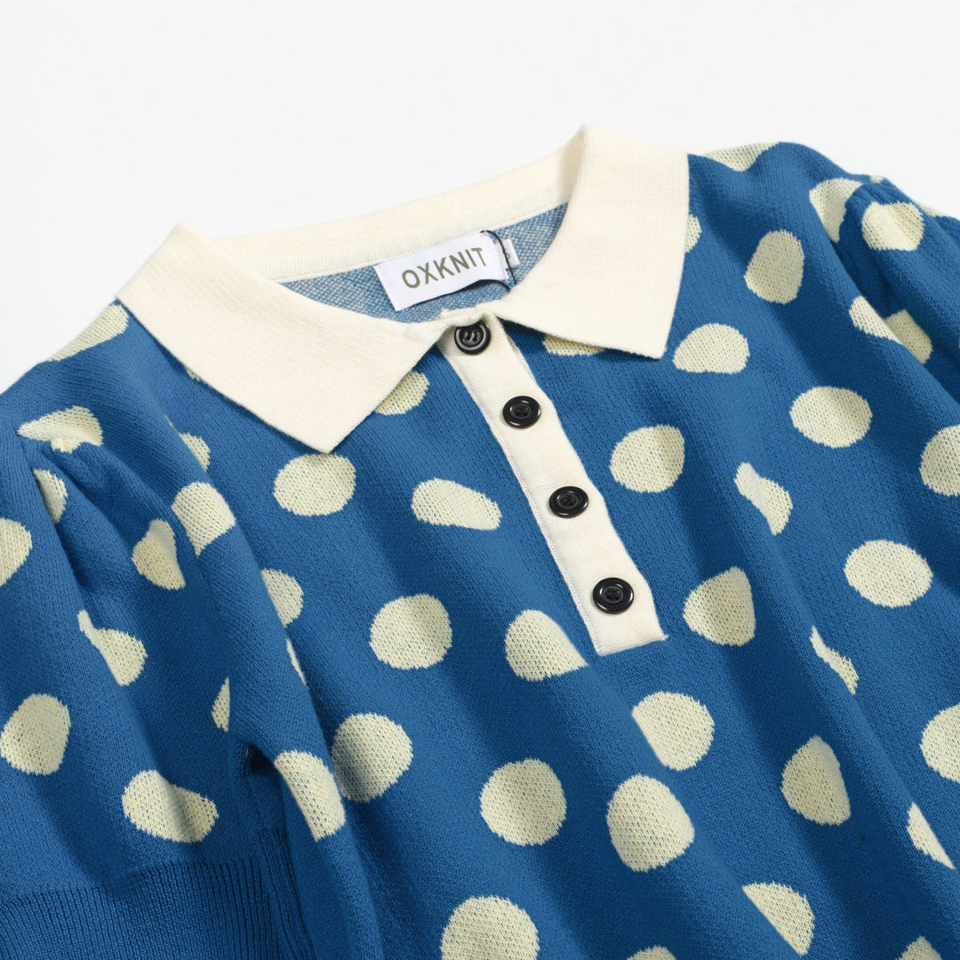 Women's vintage blue polka dot knitted bubble sleeve polo