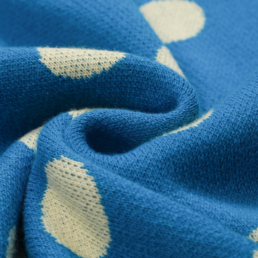 Women's vintage blue polka dot knitted bubble sleeve polo