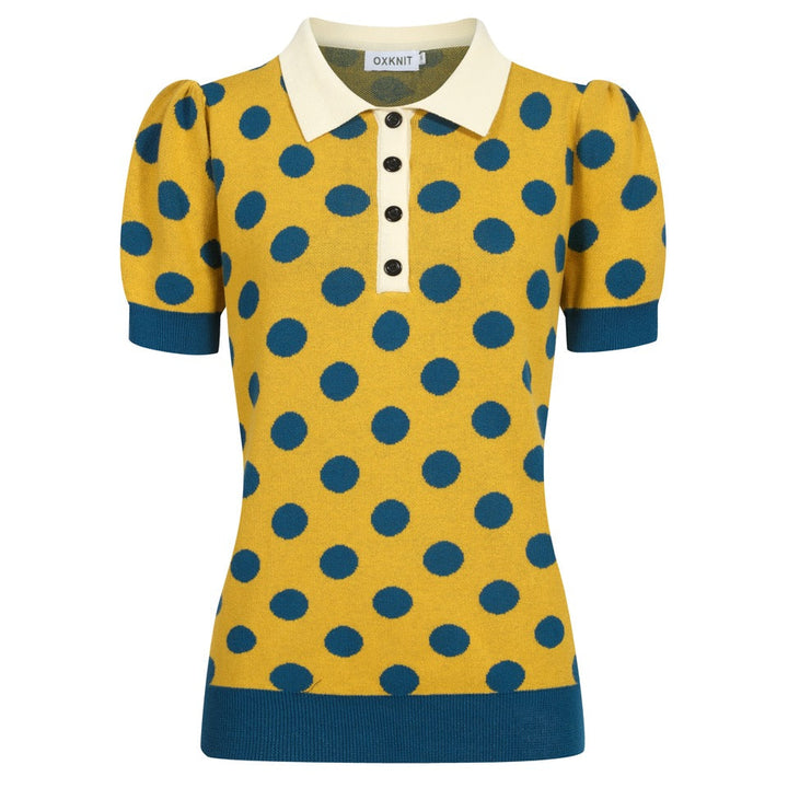 Women's vintage yellow polka dot knitted bubble sleeve polo