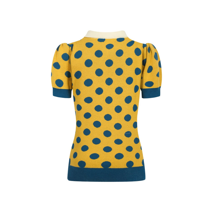 Women's vintage yellow polka dot knitted bubble sleeve polo