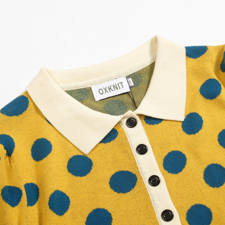 Women's vintage yellow polka dot knitted bubble sleeve polo