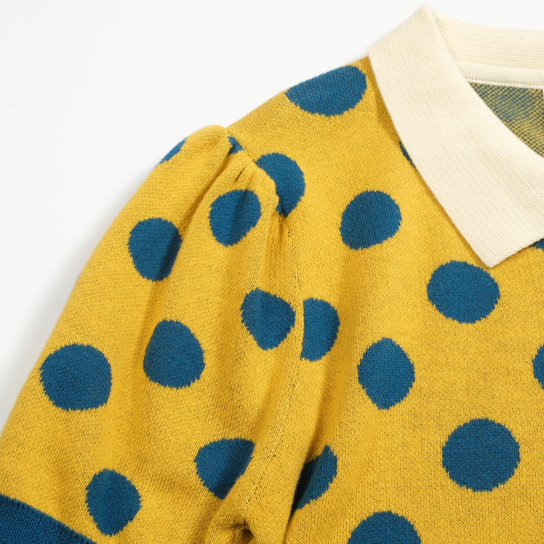 Women's vintage yellow polka dot knitted bubble sleeve polo