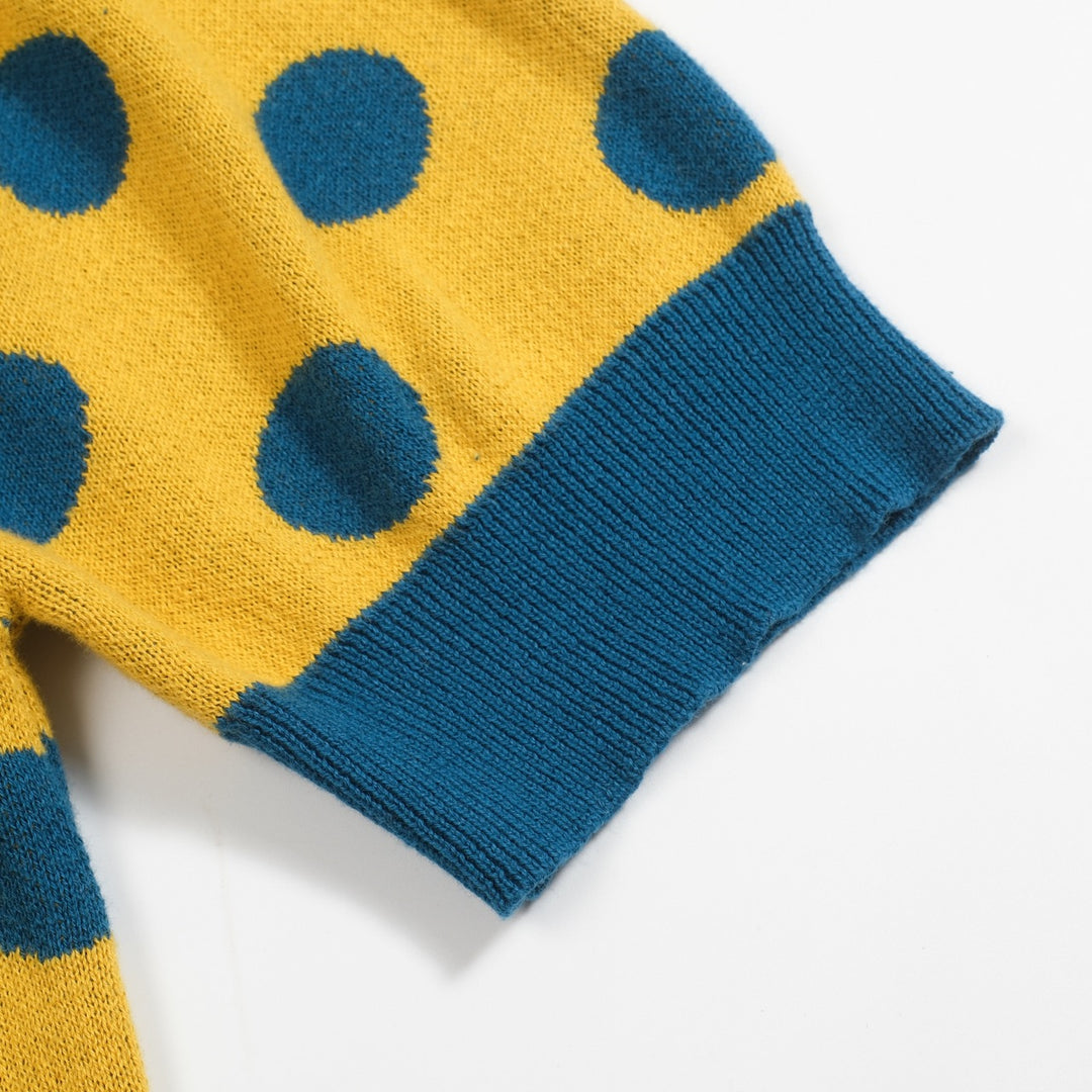 Women's vintage yellow polka dot knitted bubble sleeve polo