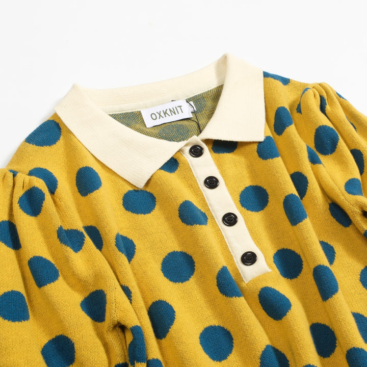 Women's vintage yellow polka dot knitted bubble sleeve polo