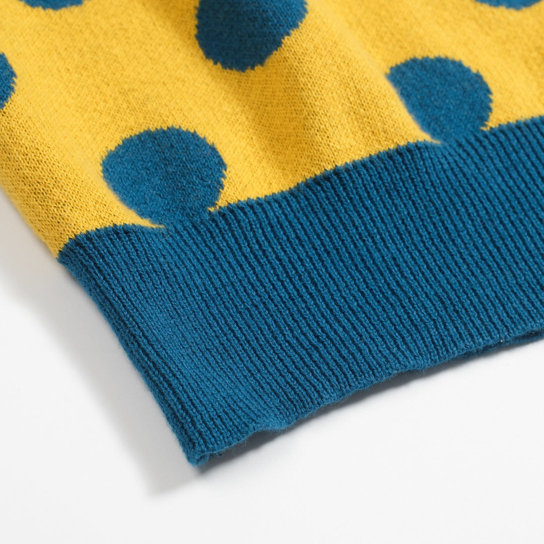 Women's vintage yellow polka dot knitted bubble sleeve polo