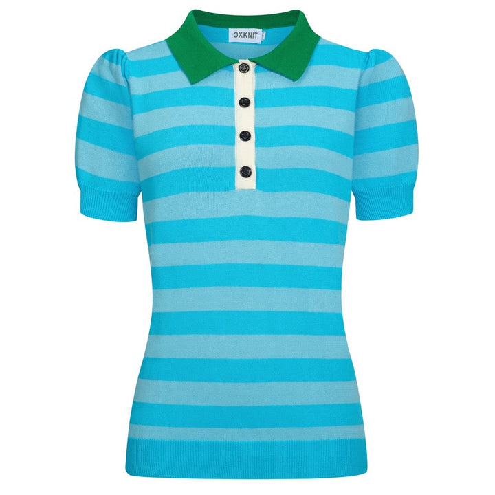 Polo mujer punto Collage manga burbuja azul rayas