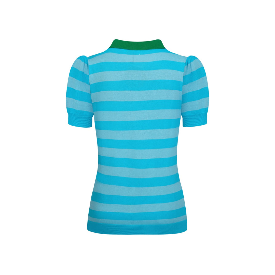 Polo mujer punto Collage manga burbuja azul rayas