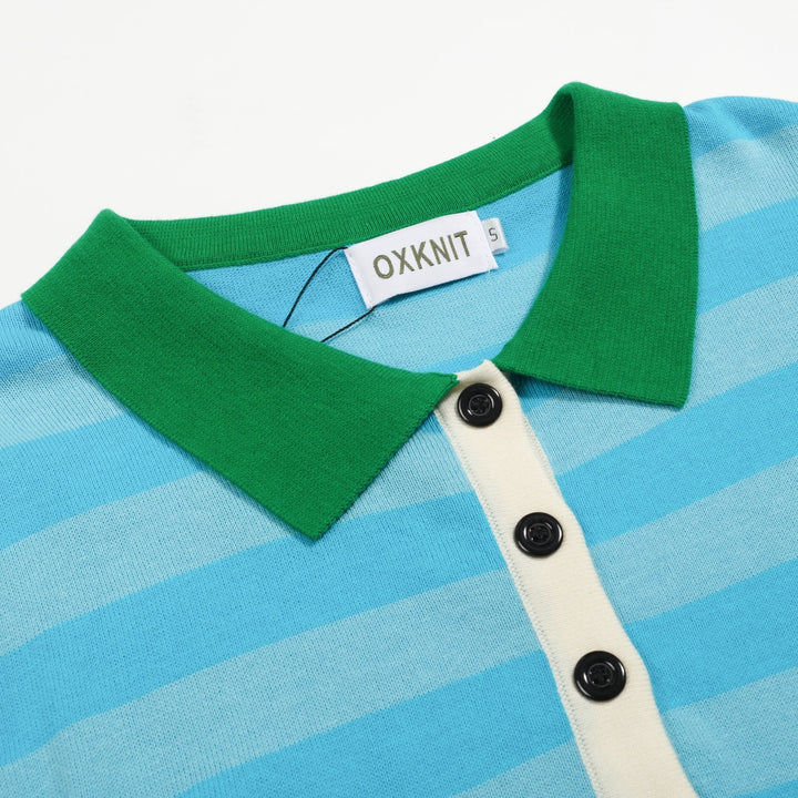 Polo mujer punto Collage manga burbuja azul rayas