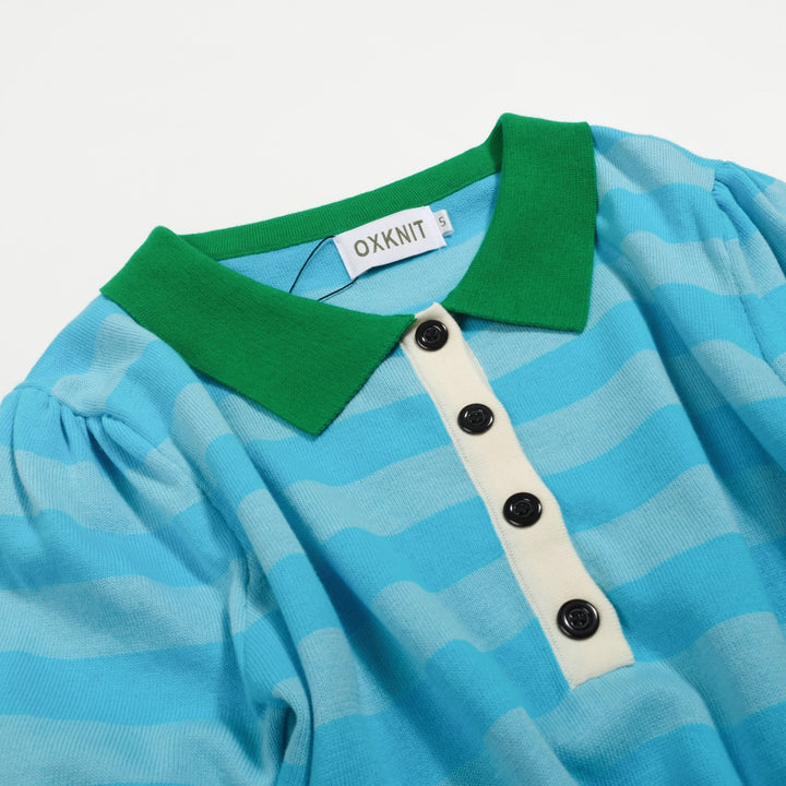 Polo mujer punto Collage manga burbuja azul rayas