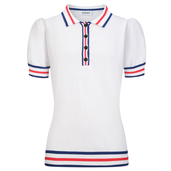Polo de punto con manga abullonada y diseño de rayas color albaricoque blanco para mujer