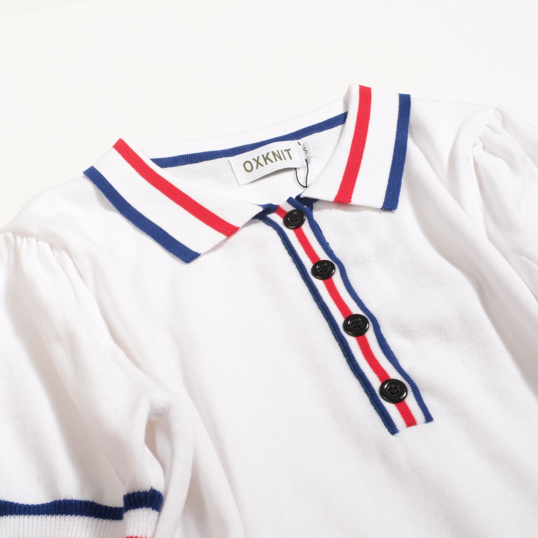 Polo de punto con manga abullonada y diseño de rayas color albaricoque blanco para mujer