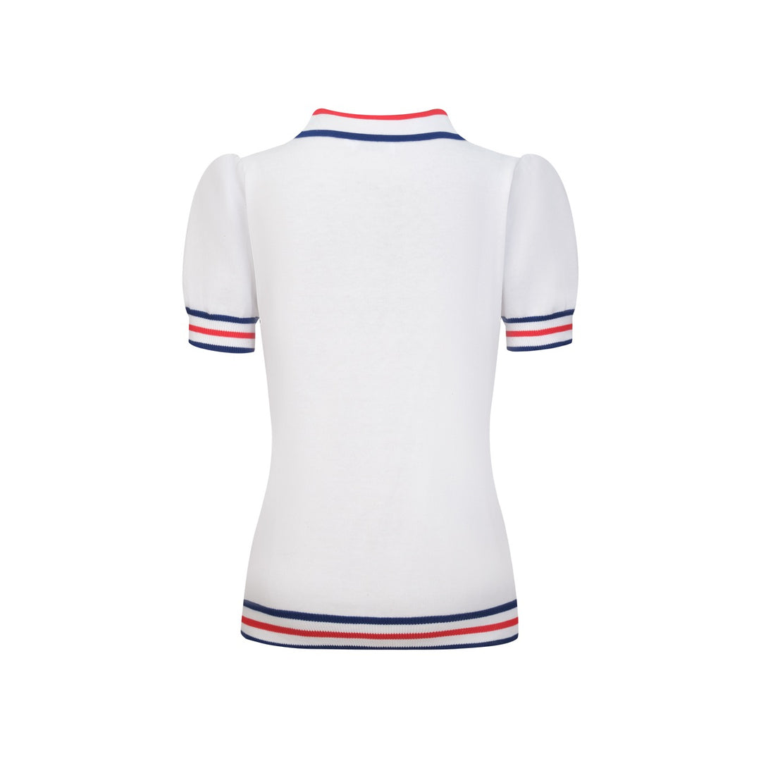 Polo de punto con manga abullonada y diseño de rayas color albaricoque blanco para mujer