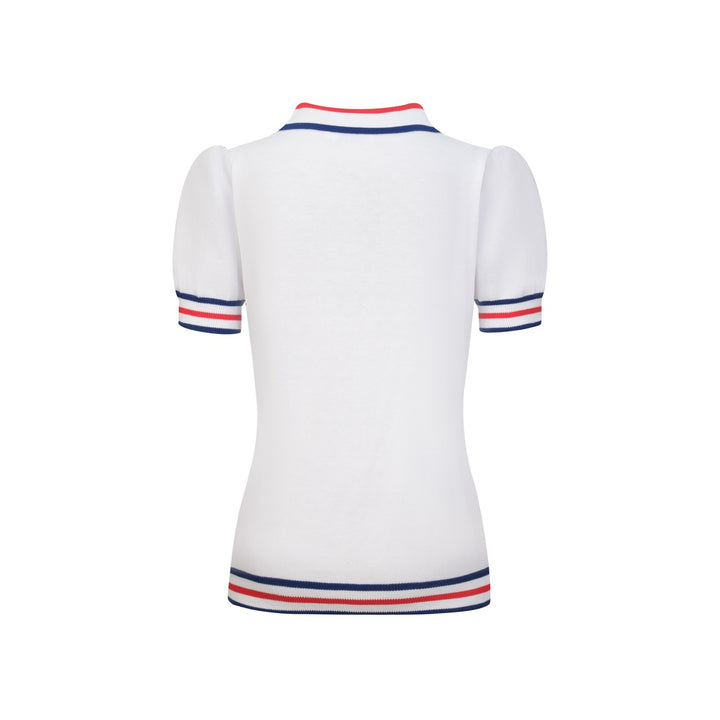 Polo de punto con manga abullonada y diseño de rayas color albaricoque blanco para mujer