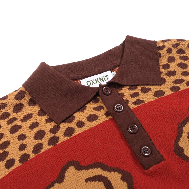 Polo de hombre de punto jacquard animal con estampado de leopardo rojo
