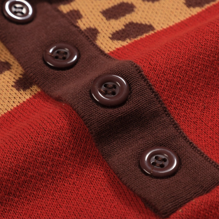 Polo de hombre de punto jacquard animal con estampado de leopardo rojo