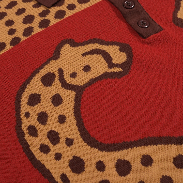 Polo de hombre de punto jacquard animal con estampado de leopardo rojo