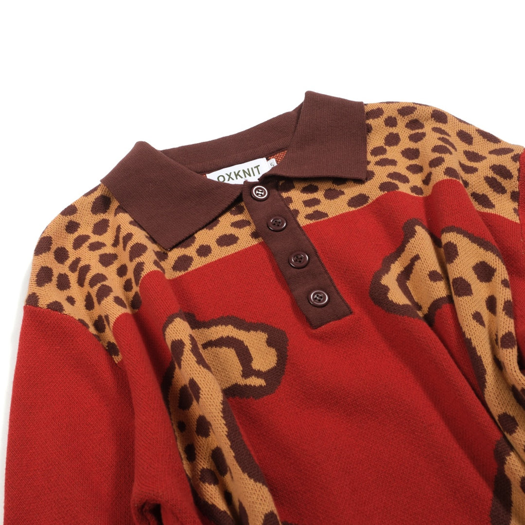 Polo de hombre de punto jacquard animal con estampado de leopardo rojo