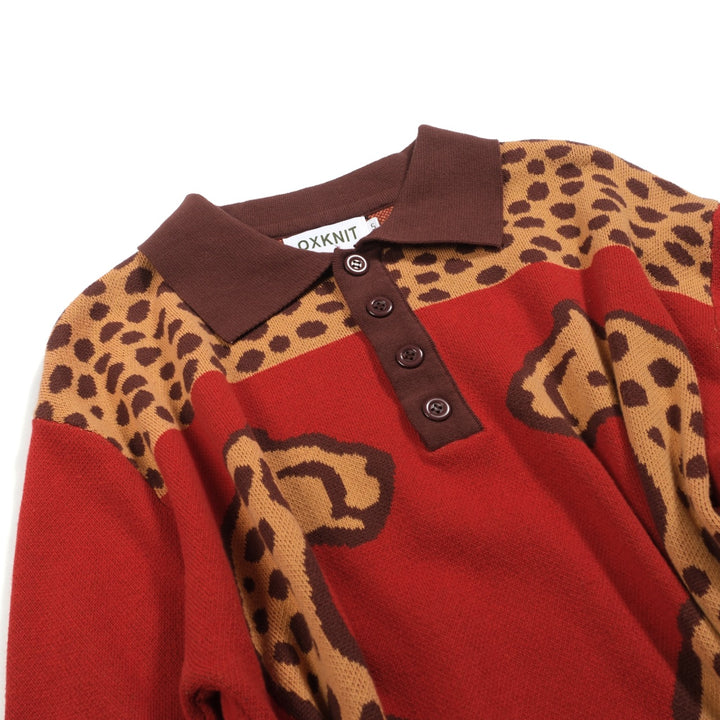 Polo de hombre de punto jacquard animal con estampado de leopardo rojo