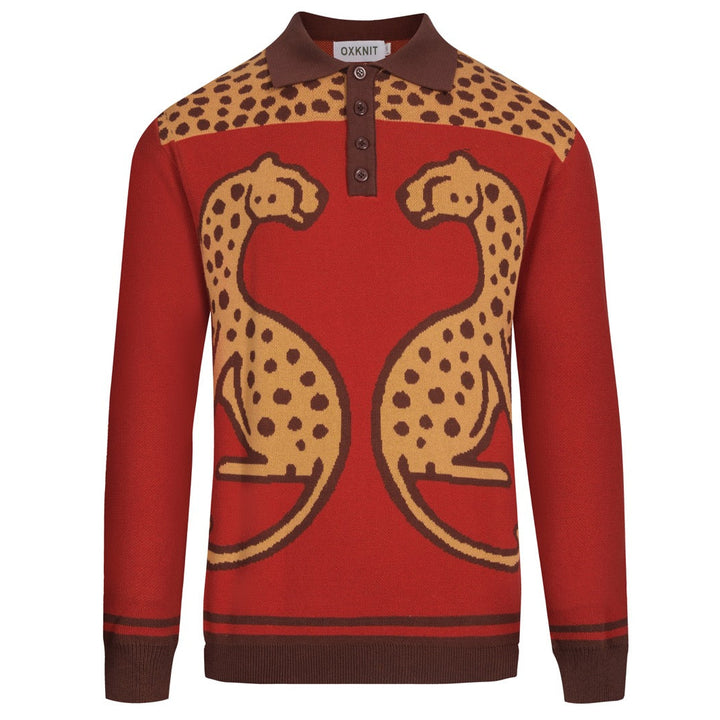 Polo de hombre de punto jacquard animal con estampado de leopardo rojo