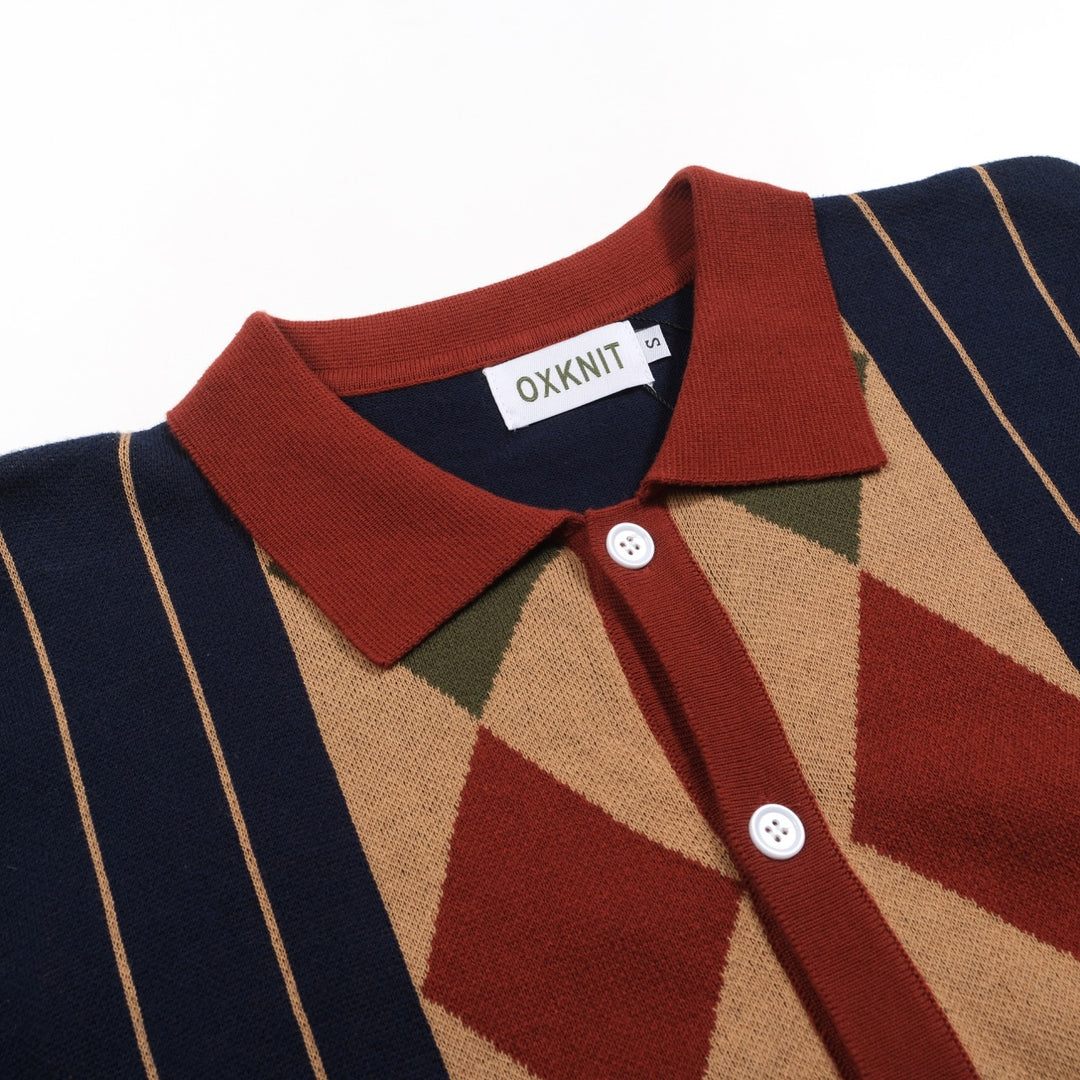 Men's navy blue vintage striped diamond check cardigan