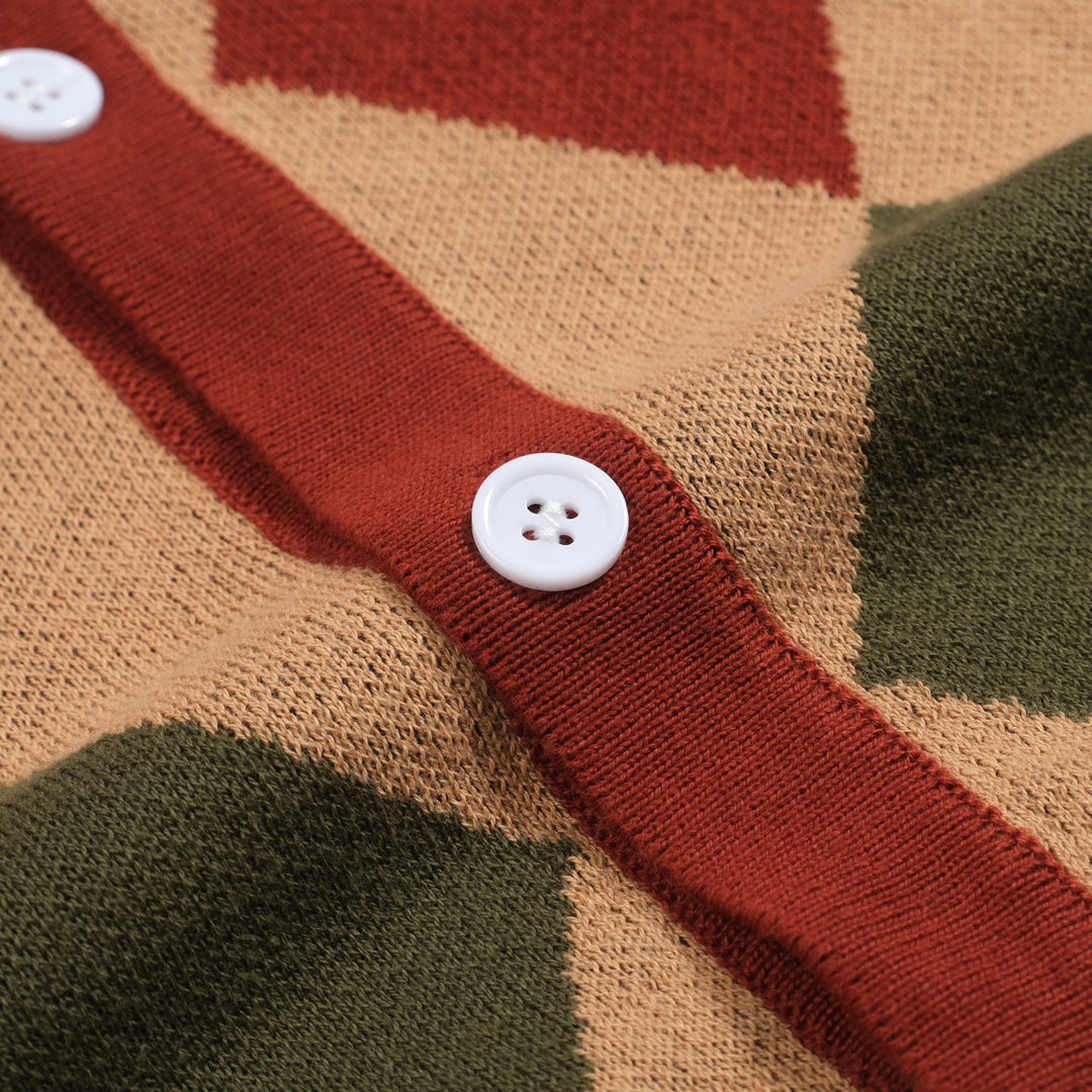 Men's navy blue vintage striped diamond check cardigan