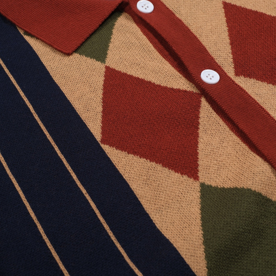 Men's navy blue vintage striped diamond check cardigan