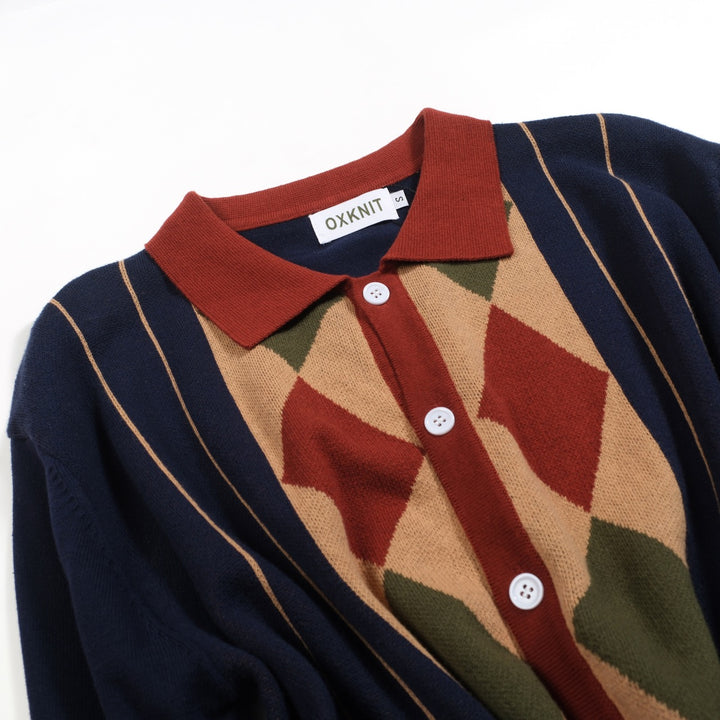 Men's navy blue vintage striped diamond check cardigan