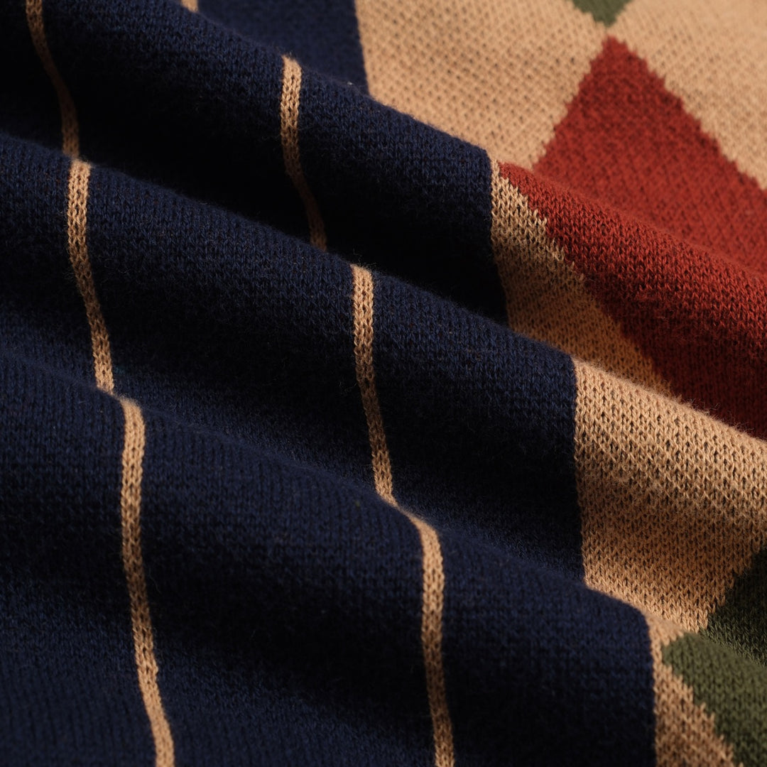 Men's navy blue vintage striped diamond check cardigan