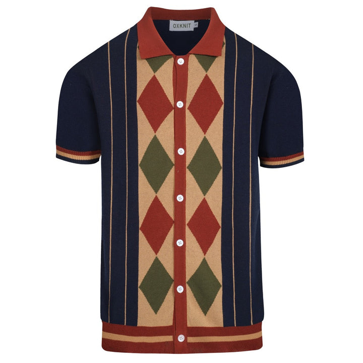 Men's navy blue vintage striped diamond check cardigan