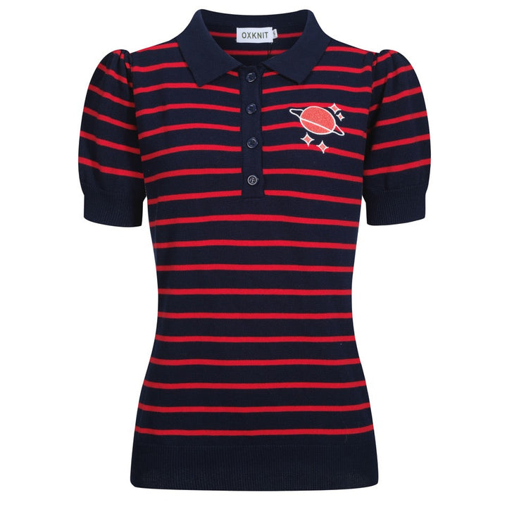 Women's dark blue striped bubble sleeve knitted polo