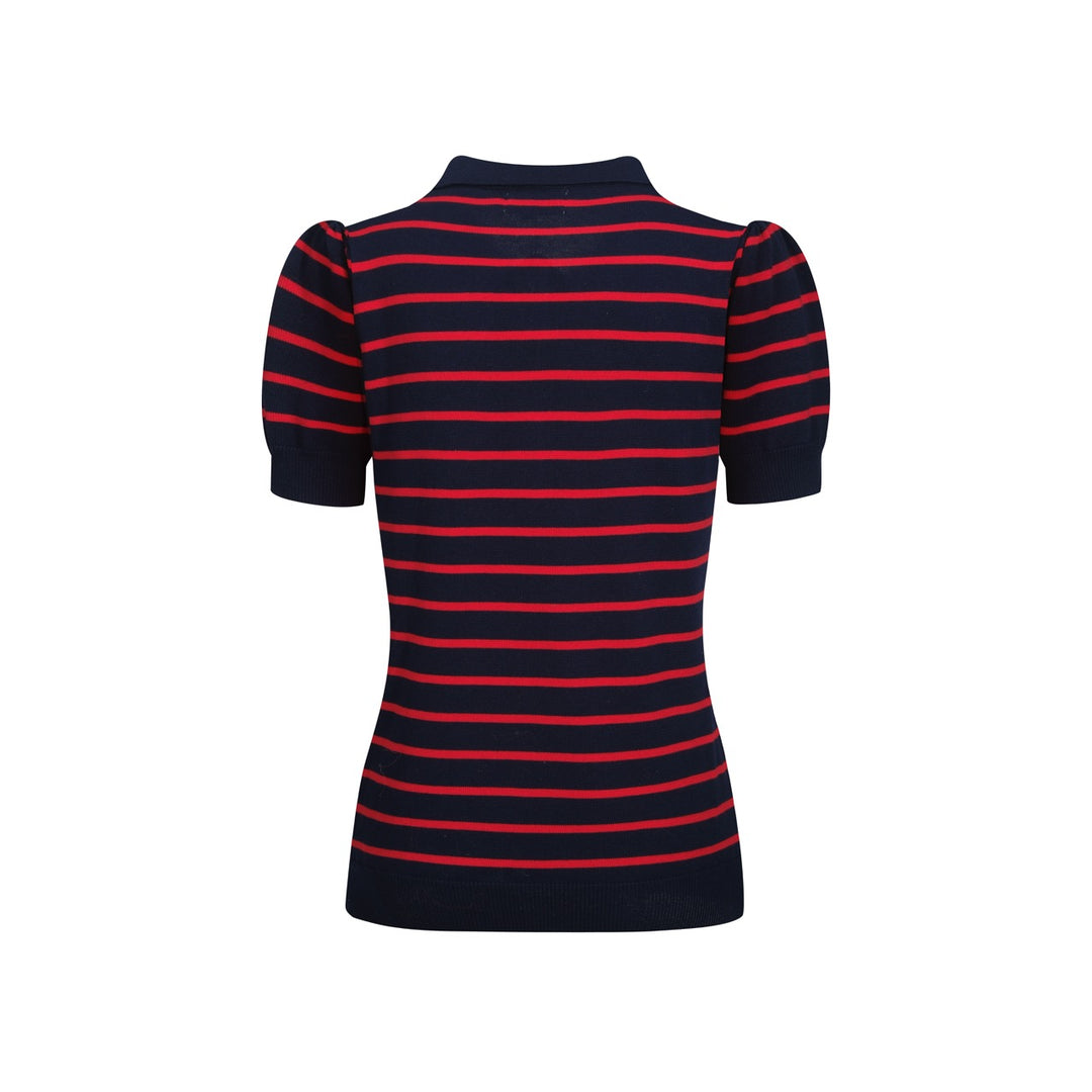 Women's dark blue striped bubble sleeve knitted polo