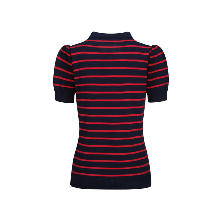 Women's dark blue striped bubble sleeve knitted polo