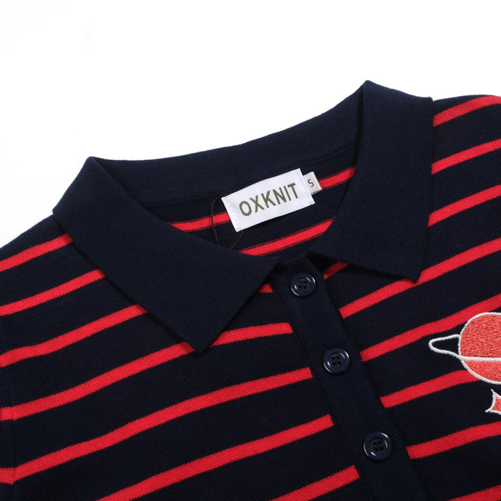 Women's dark blue striped bubble sleeve knitted polo