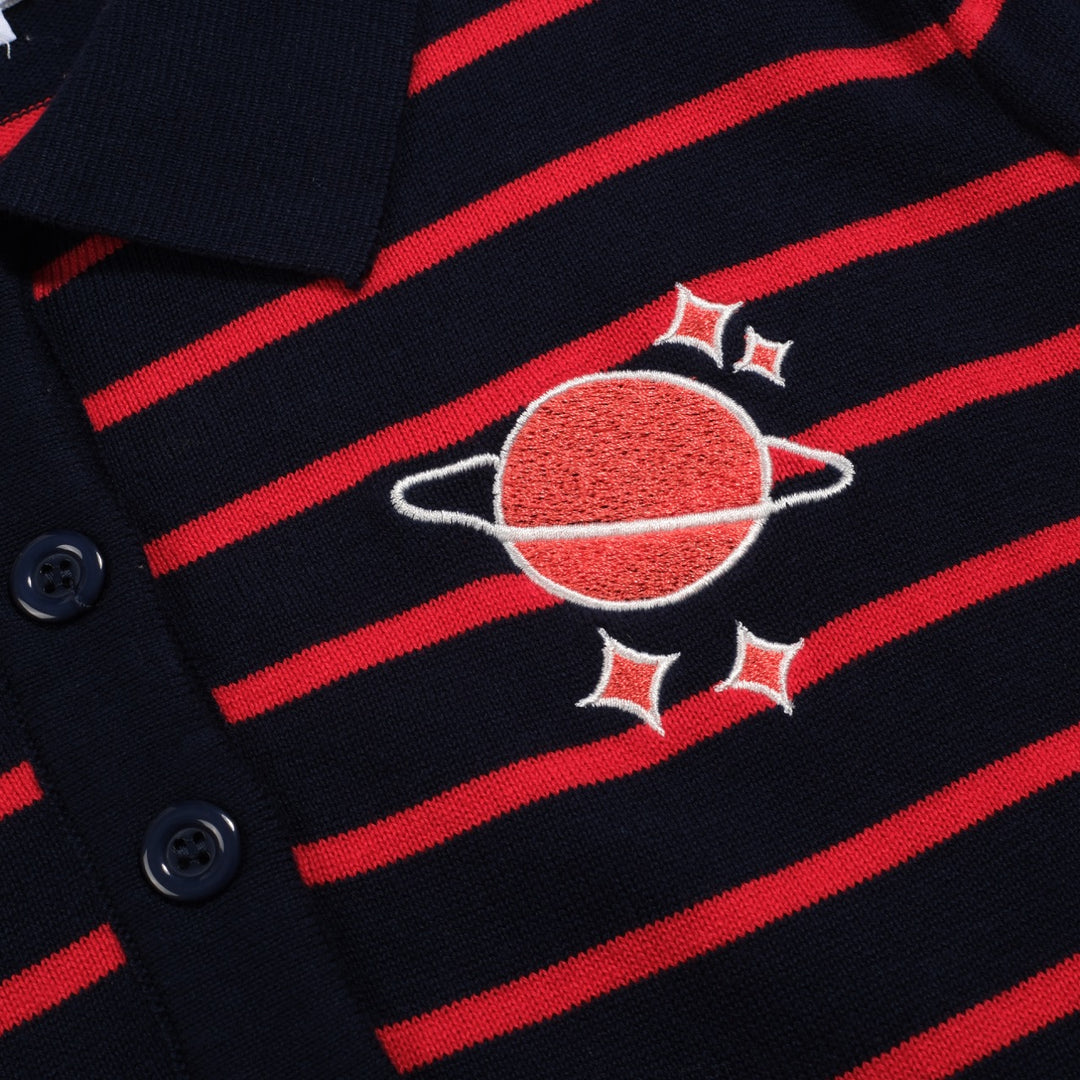 Women's dark blue striped bubble sleeve knitted polo