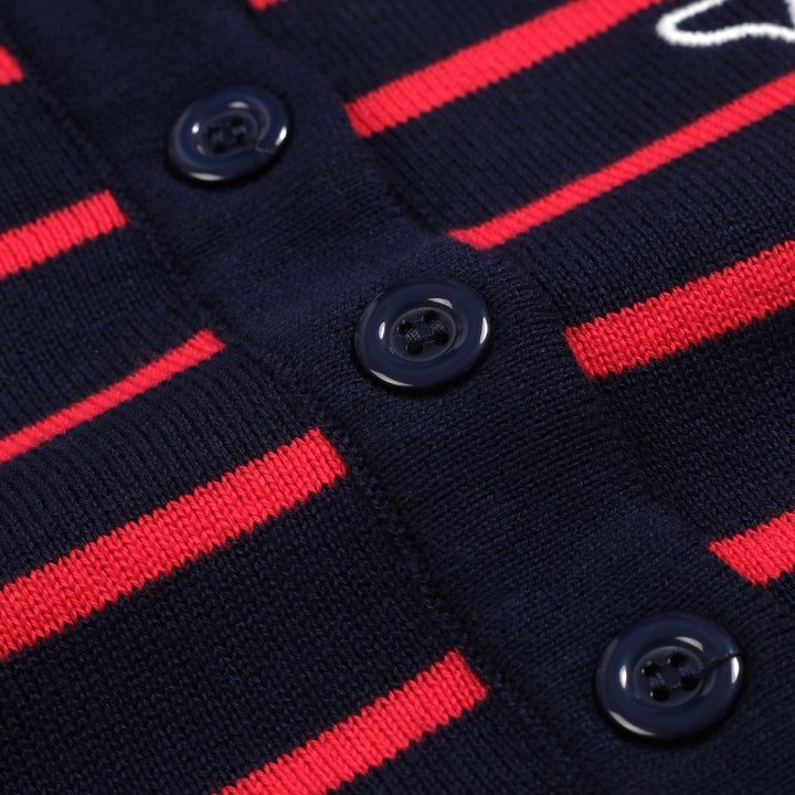 Women's dark blue striped bubble sleeve knitted polo