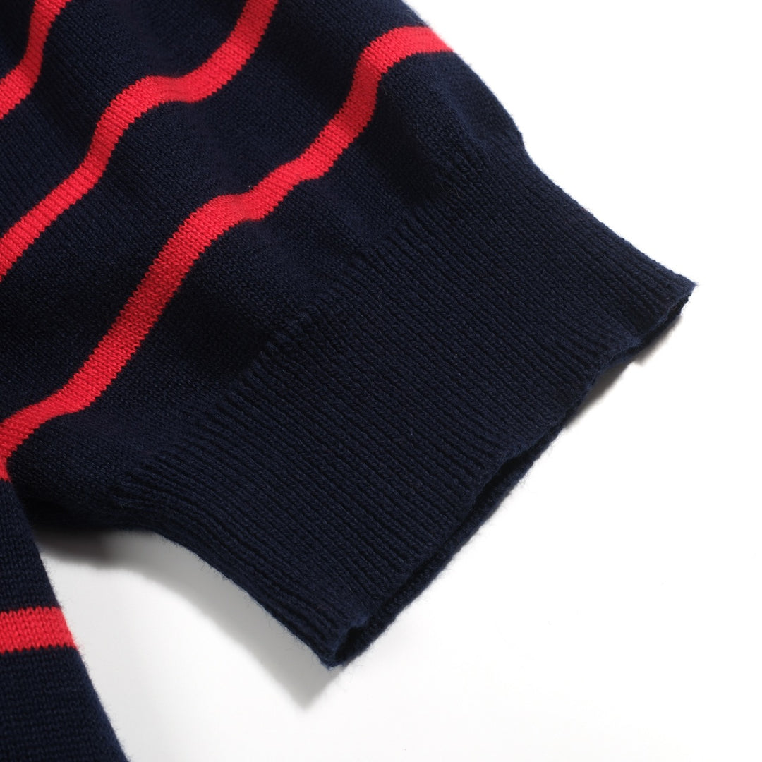 Women's dark blue striped bubble sleeve knitted polo