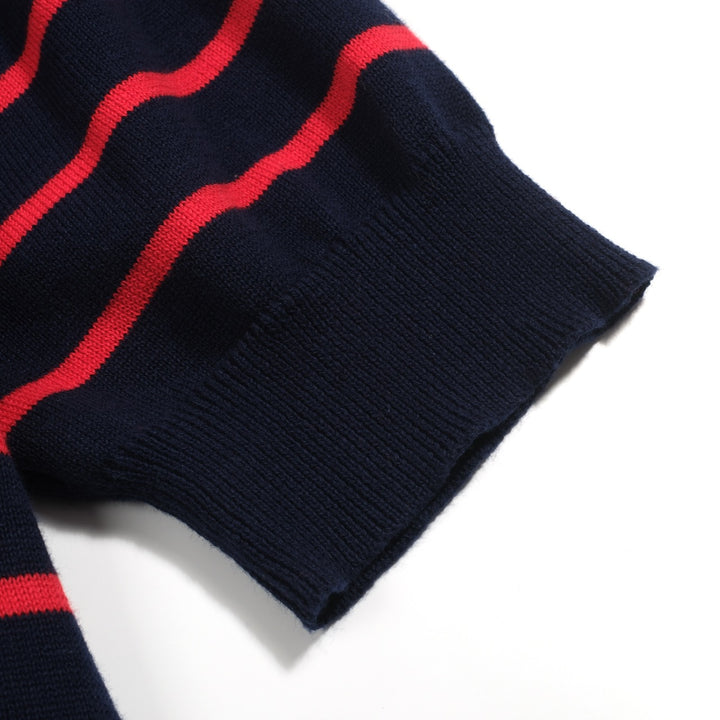 Women's dark blue striped bubble sleeve knitted polo