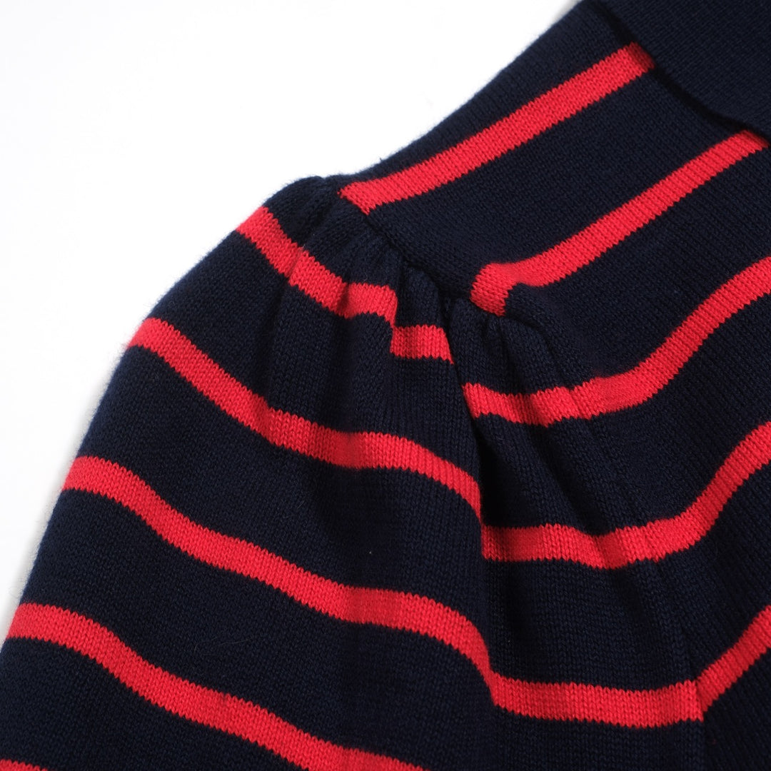 Women's dark blue striped bubble sleeve knitted polo