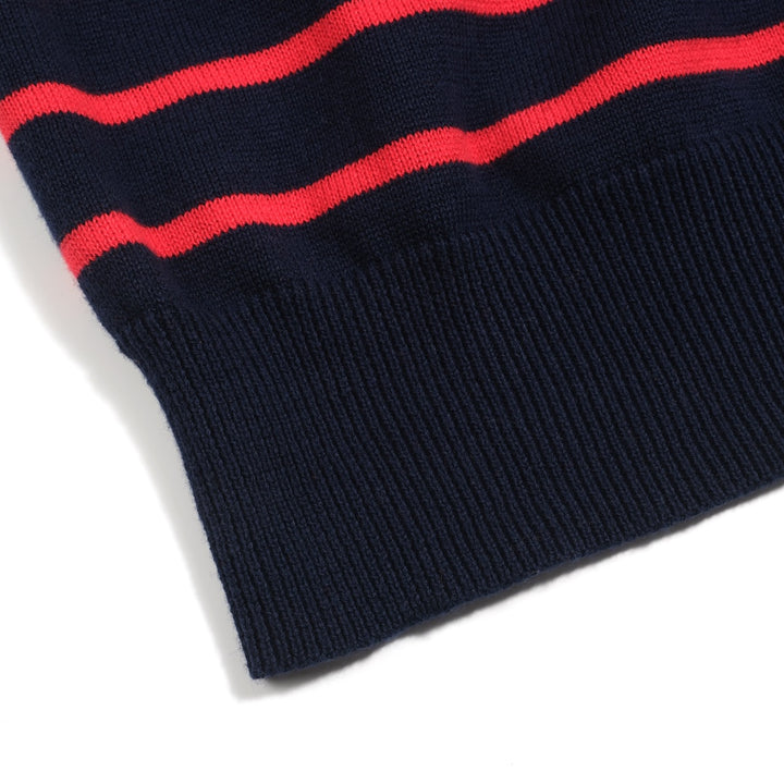 Women's dark blue striped bubble sleeve knitted polo