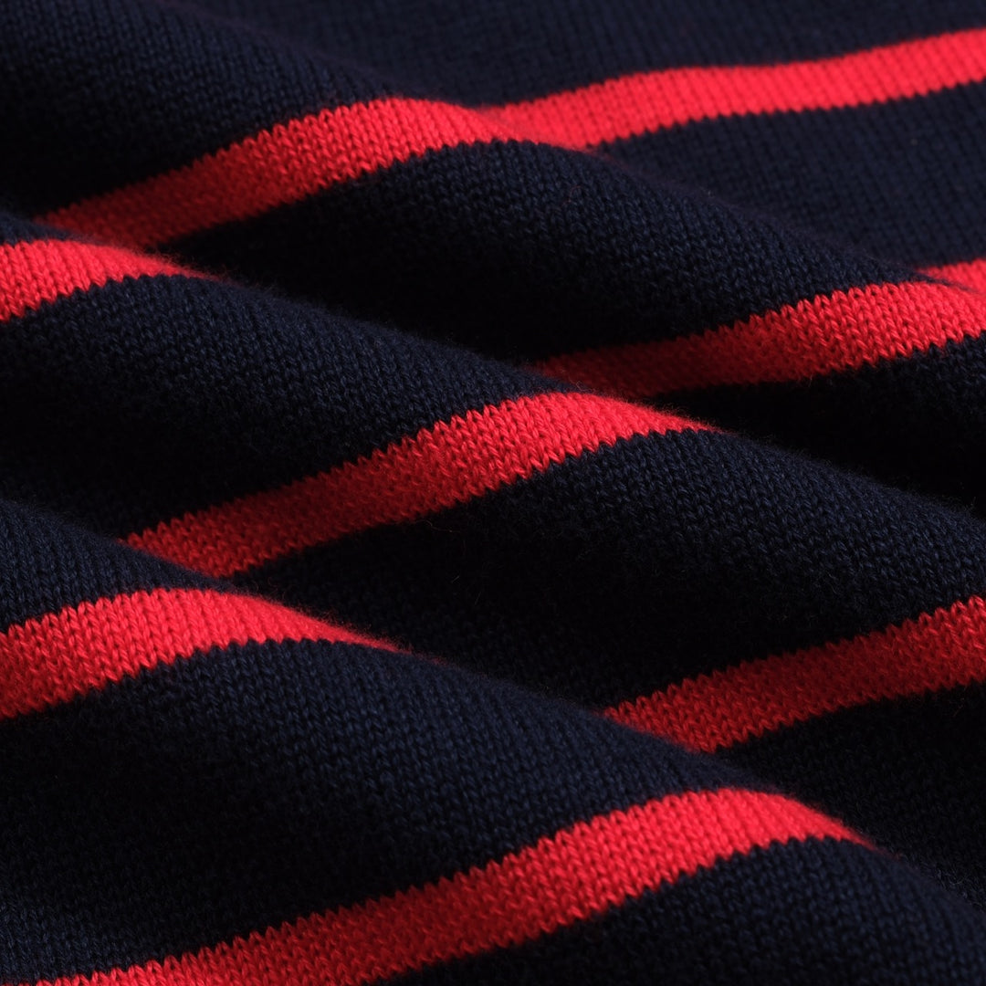 Women's dark blue striped bubble sleeve knitted polo