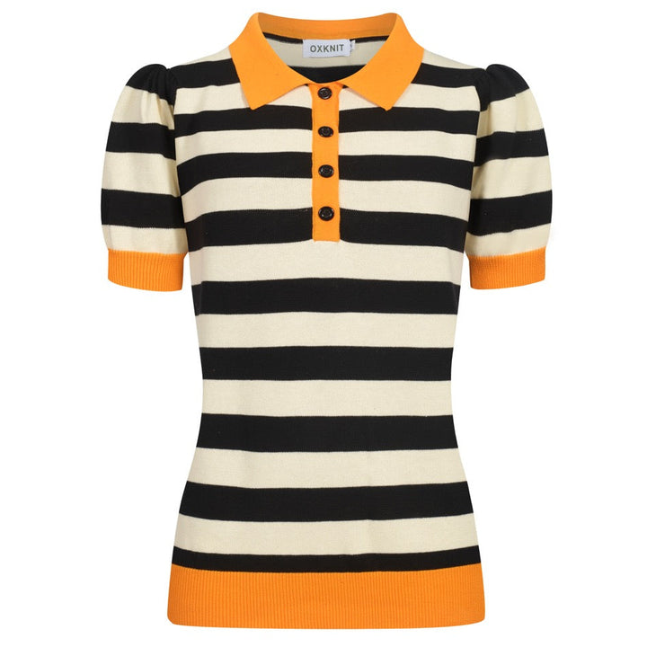 Women's black vintage striped bubble sleeve knitted orange polo
