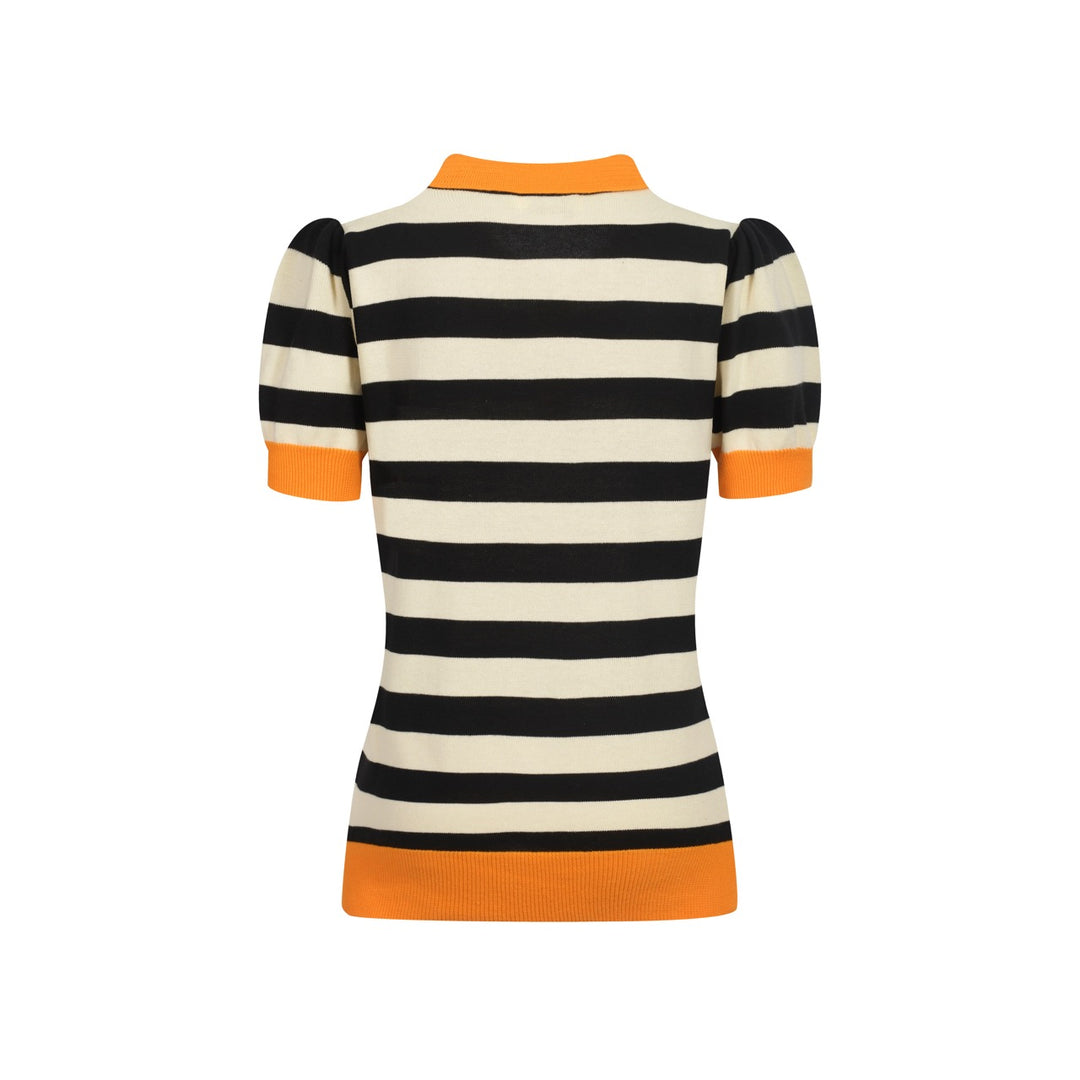 Women's black vintage striped bubble sleeve knitted orange polo