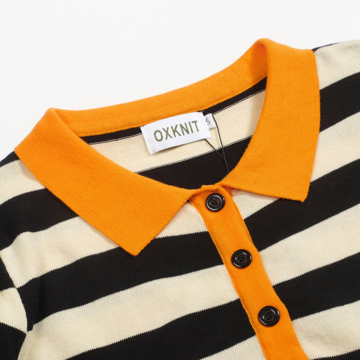 Women's black vintage striped bubble sleeve knitted orange polo
