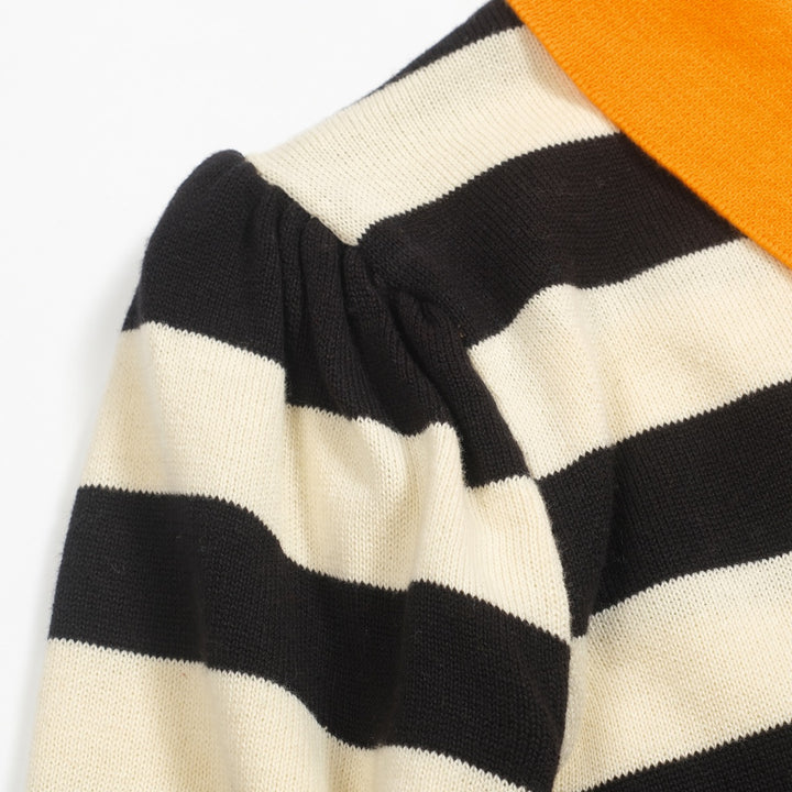 Women's black vintage striped bubble sleeve knitted orange polo