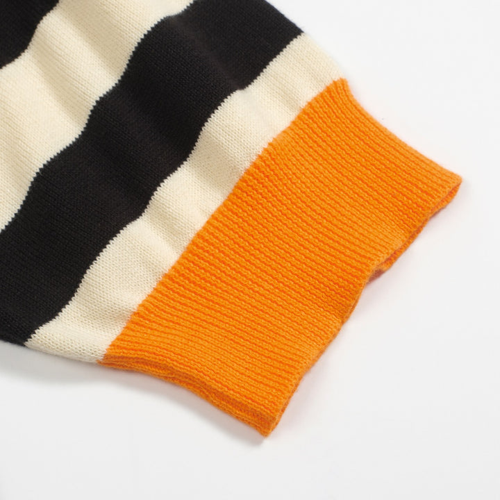 Women's black vintage striped bubble sleeve knitted orange polo